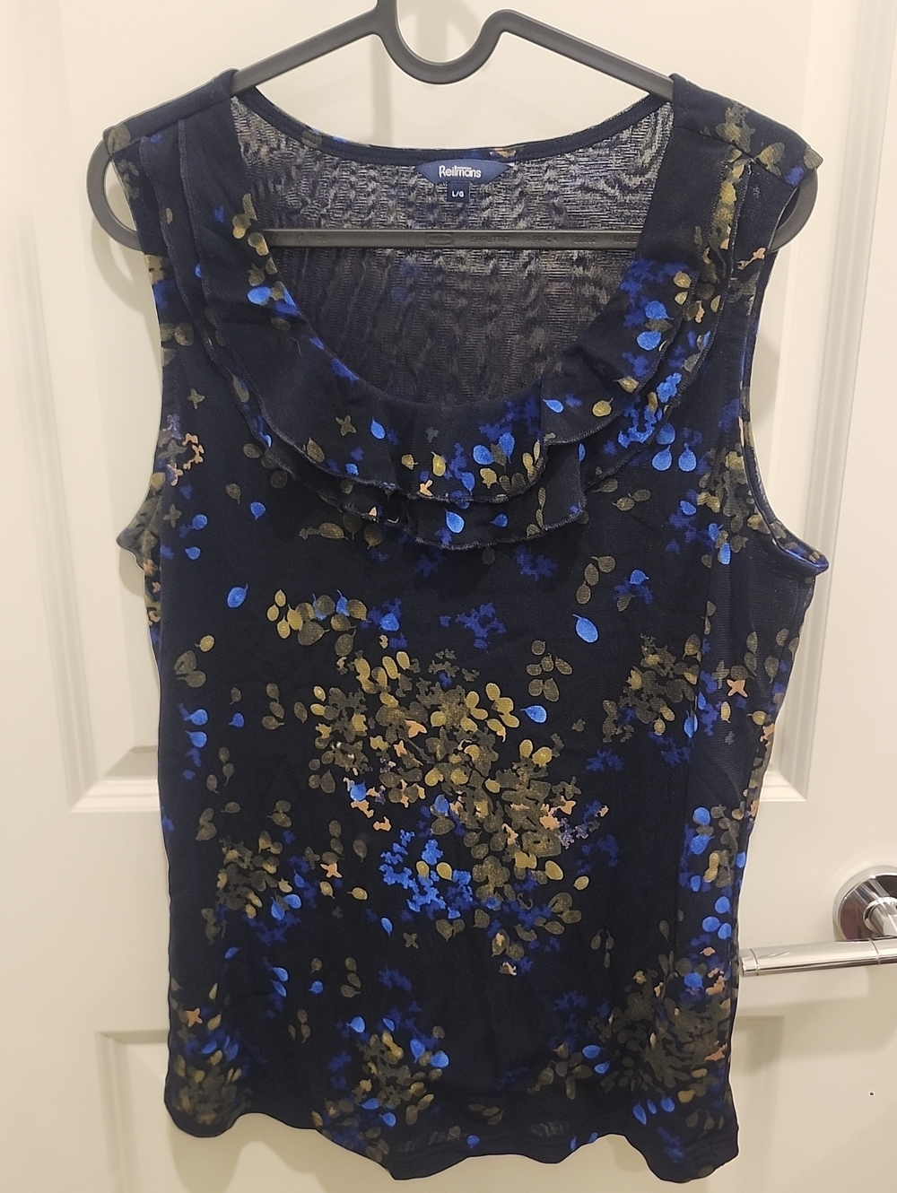 Reitmans Black Tank Top w/ Blue, Green & Gold Floral Print Womens Size Large
